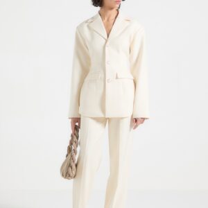 Wide Shoulder Cinch Waist Blazer - Cream
