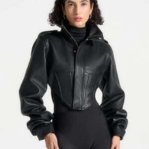 Leather Tacked Sleeve Corset Jacket - Black