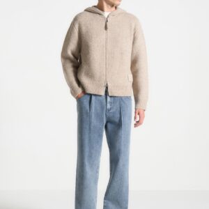 Mohair-Blend Zip Through Hoodie - Beige