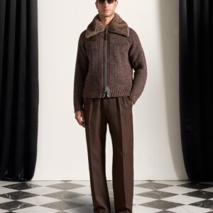 Plush Collar Wool Knit Jacket - Brown