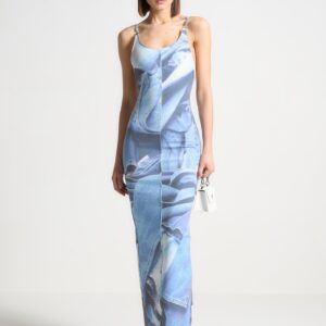 Printed Denim Effect Maxi Dress - Blue