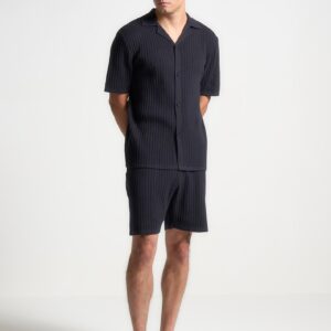 Ribbed Knit Revere Shirt - Navy