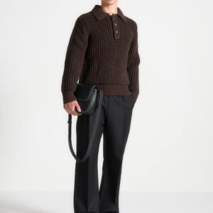 Textured Wool Knit Polo Jumper - Brown