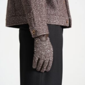 Leather and Herringbone Gloves - Brown