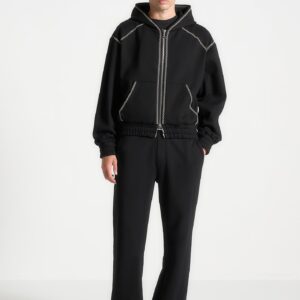 Whipstitch Raglan Effect Zip Hoodie - Black